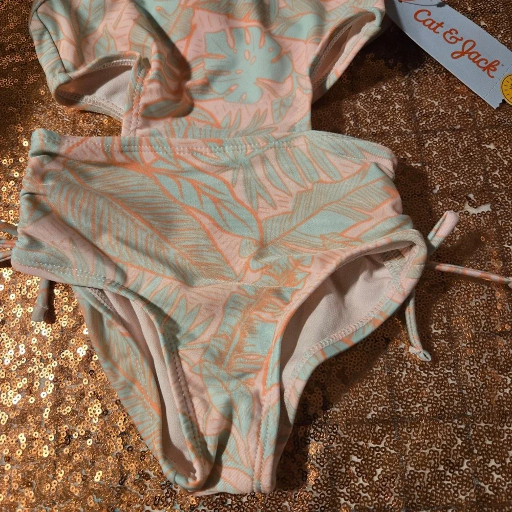 Cat & Jack Girls One Piece Swimsuit Palm Leaf Print Cutout‎ Sides Size 2T